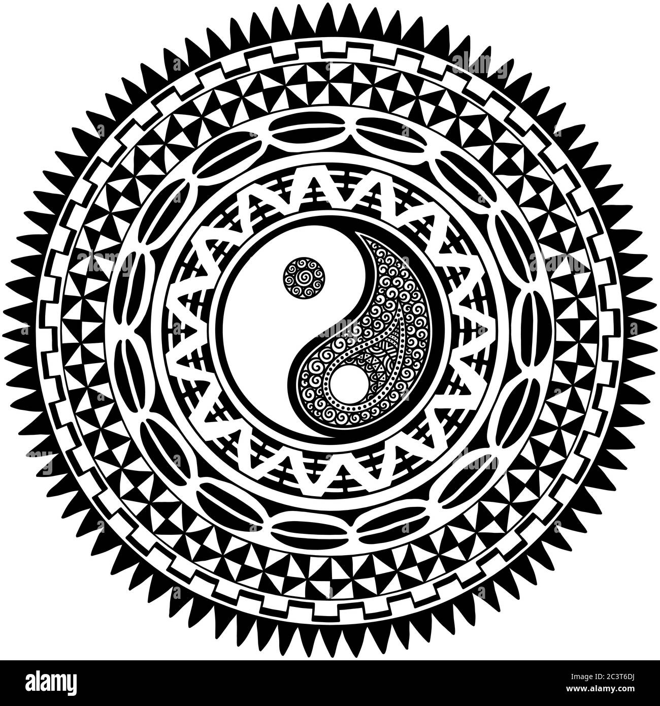 Kreisförmiges Muster in Form von Mandala mit Yin-Yang-Handzeichensymbol. Traditionelle Ornamente der Maori - Moko Stil. Vintage dekorative Tribal Bor Stock Vektor