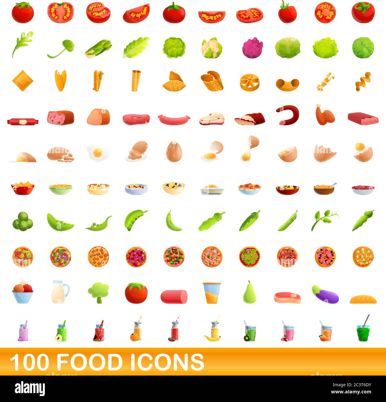 100 Essen Symbole gesetzt. Cartoon Illustration von 100 Essen Symbole Vektor auf weißem Hintergrund einstellen Stock Vektor