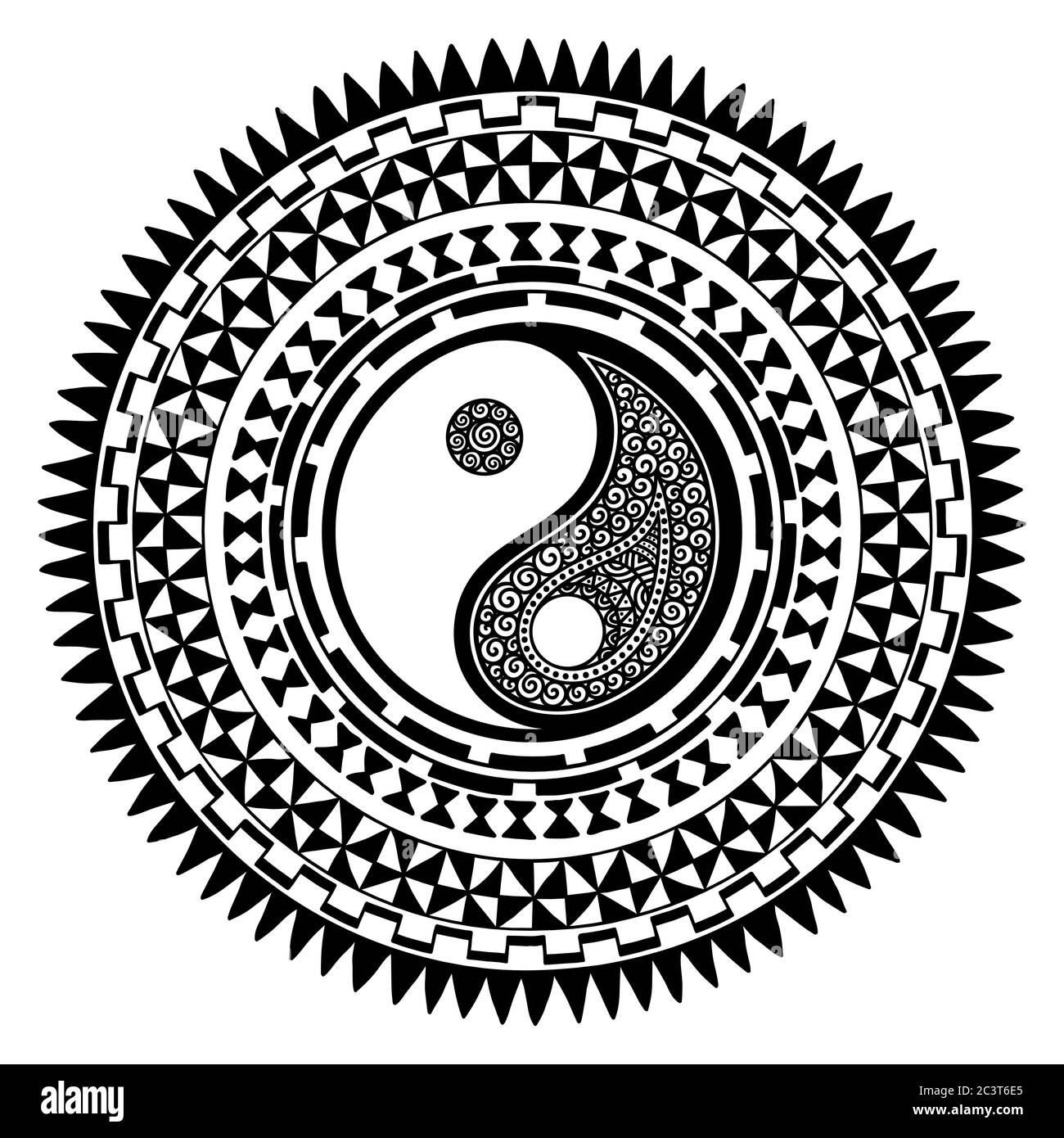 Kreisförmiges Muster in Form von Mandala mit Yin-Yang-Handzeichensymbol. Traditionelle Ornamente der Maori - Moko Stil. Vintage dekorative Tribal Bor Stock Vektor