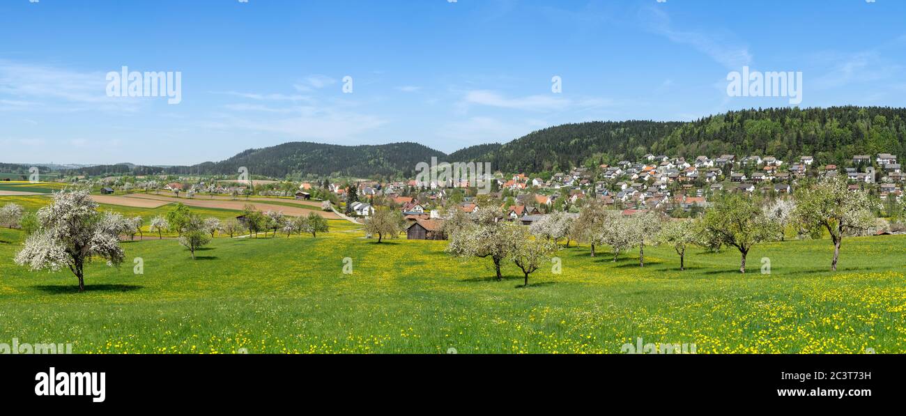 Ländliche Szene einer idyllischen Frühlingslandschaft mit Dorf Stockfoto