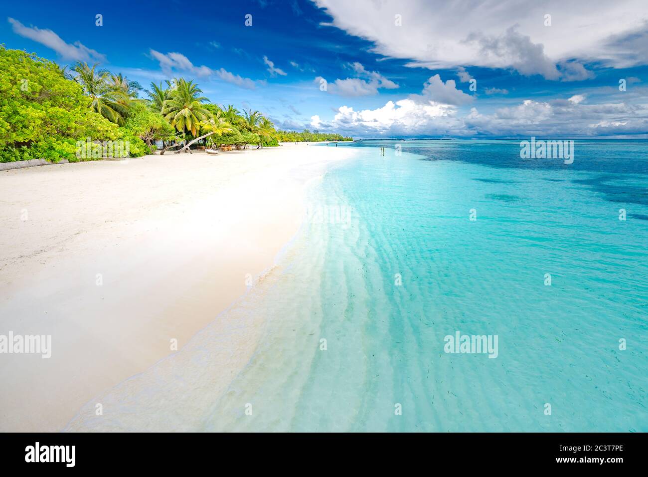 Konzept der paradiesischen Insel. Tropische Strandlandschaft, ruhige Strandwellen, Surfkonzept. Palmen und das erstaunliche blaue Meer. Sommer Reise Urlaub Landschaft Stockfoto