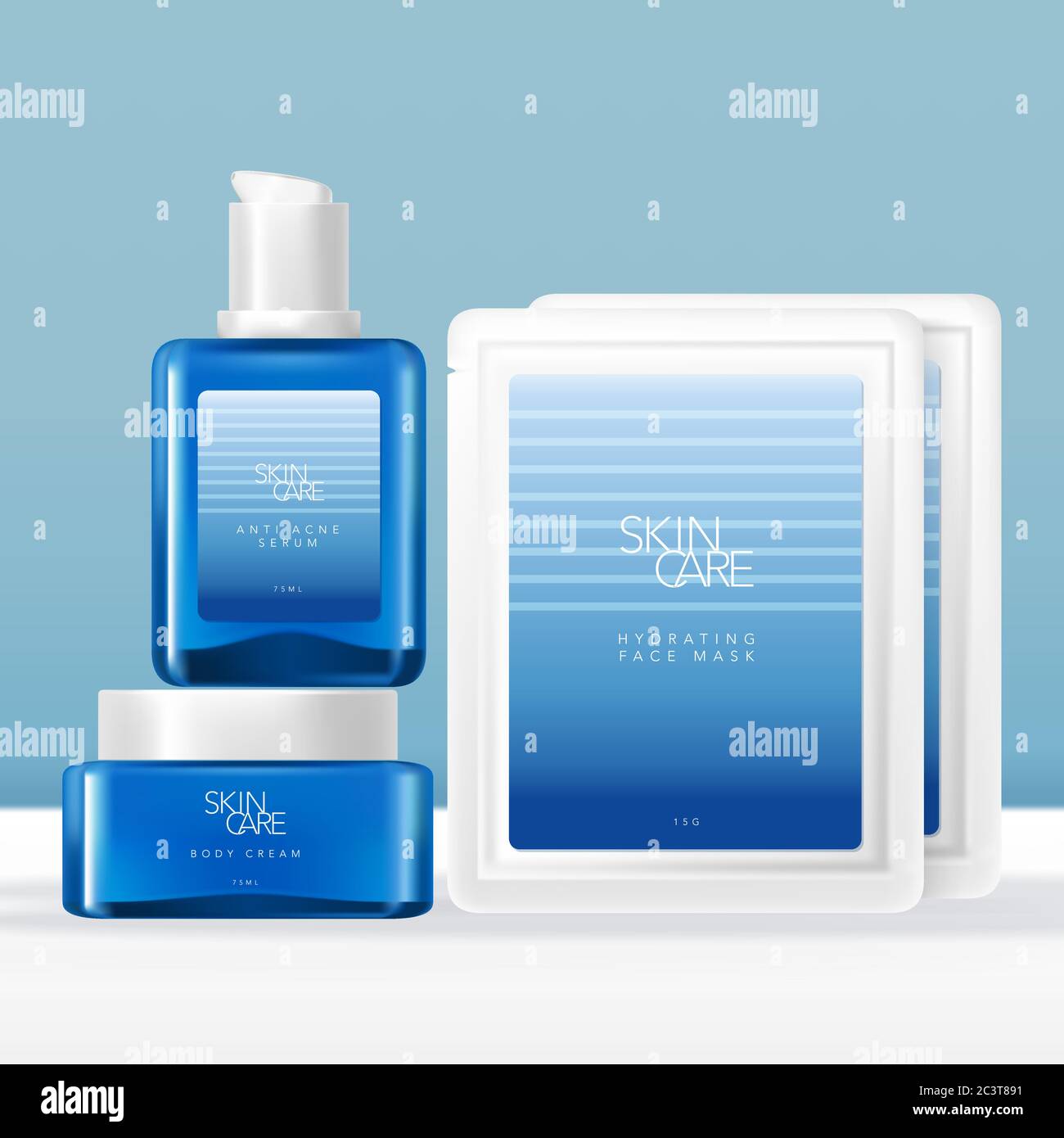 Vector Glas Serum Flasche, Gesichtscreme Glas & Sheet Maske Paket Verpackung Set mit Sommer Ozean Gradient Blau Design Stock Vektor