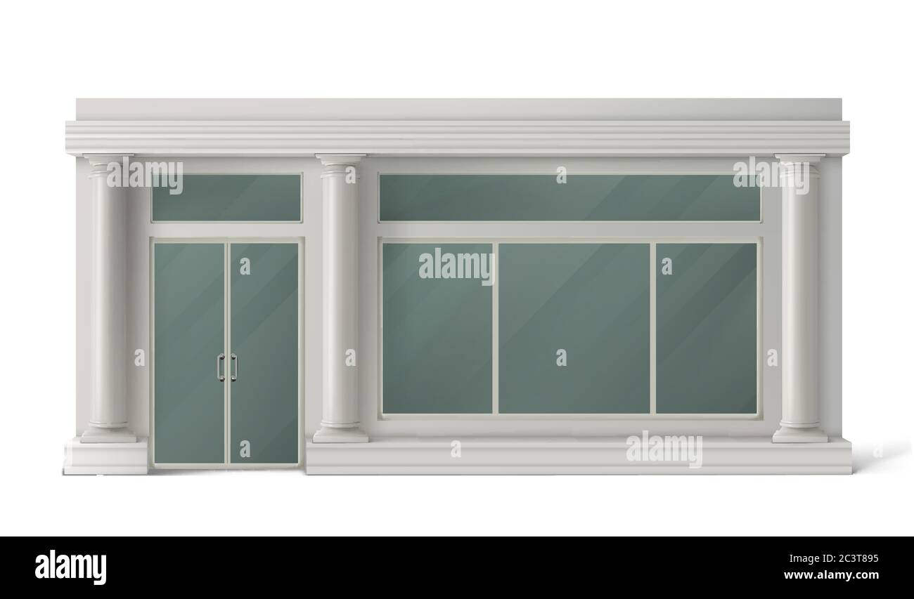 Store Front mit Glastür, Fenster und weißen Steinsäulen. Vektor realistische Modell der Gebäudefassade von Vintage-Shop, Boutique, Markt oder Restaurant mit klassischen Schaufenster Stock Vektor