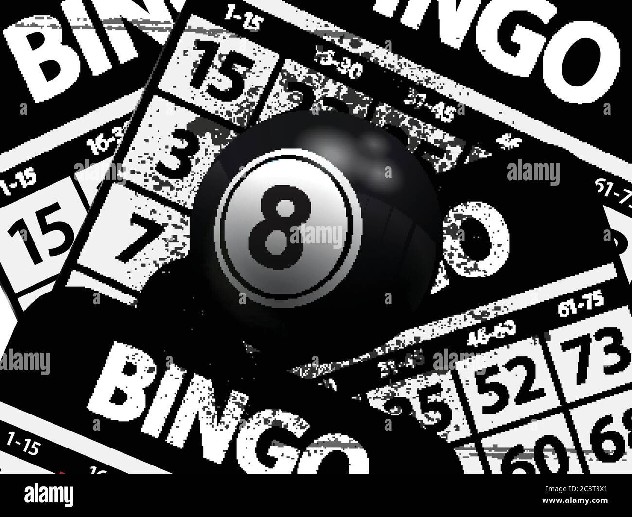 3D Illustration EINES Nummer 8 Black Bingo Ball mit Lichtreflektionen über Schwarz und Weiß Bingo Karten Hintergrund mit Grunge Effekte Stock Vektor