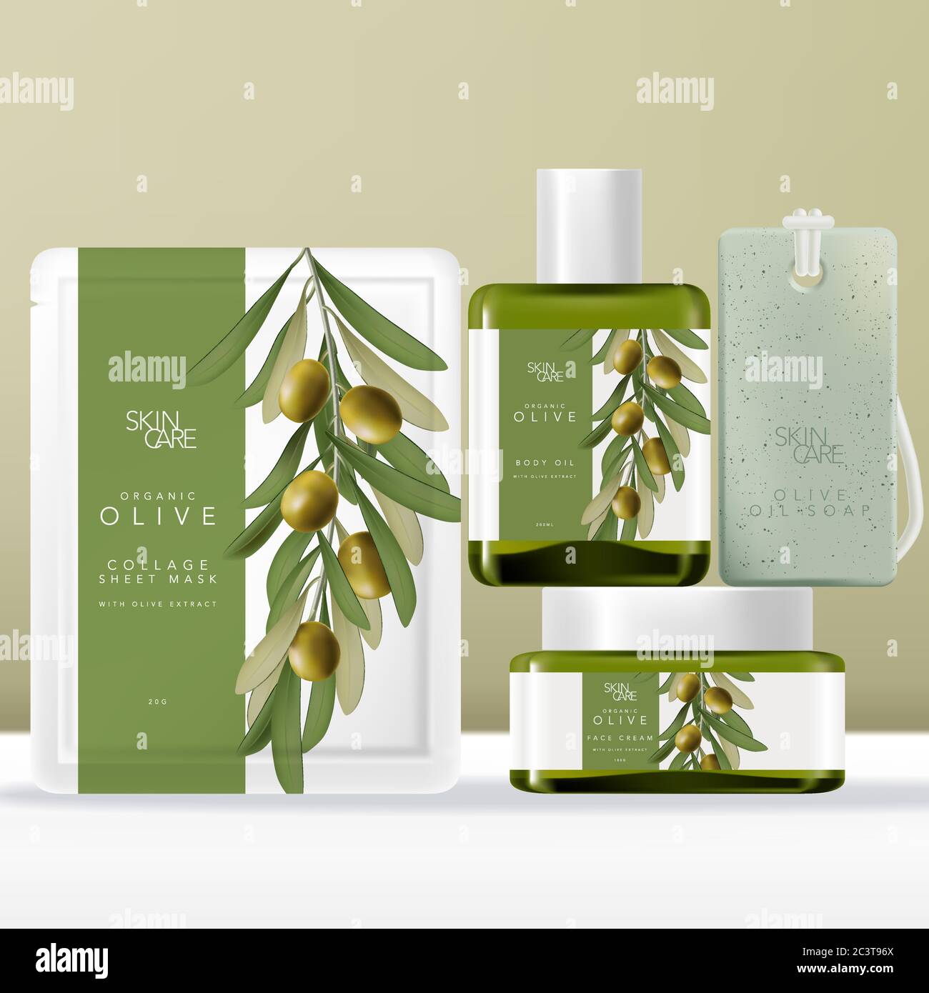 Vector Olivenöl Beauty-Verpackung Set mit Gesichtsmasken Beutel, Packung oder Beutel, getöntes grünes Glas Serum Flasche & Glas, Seife auf Seil. Olivdarstellung Stock Vektor