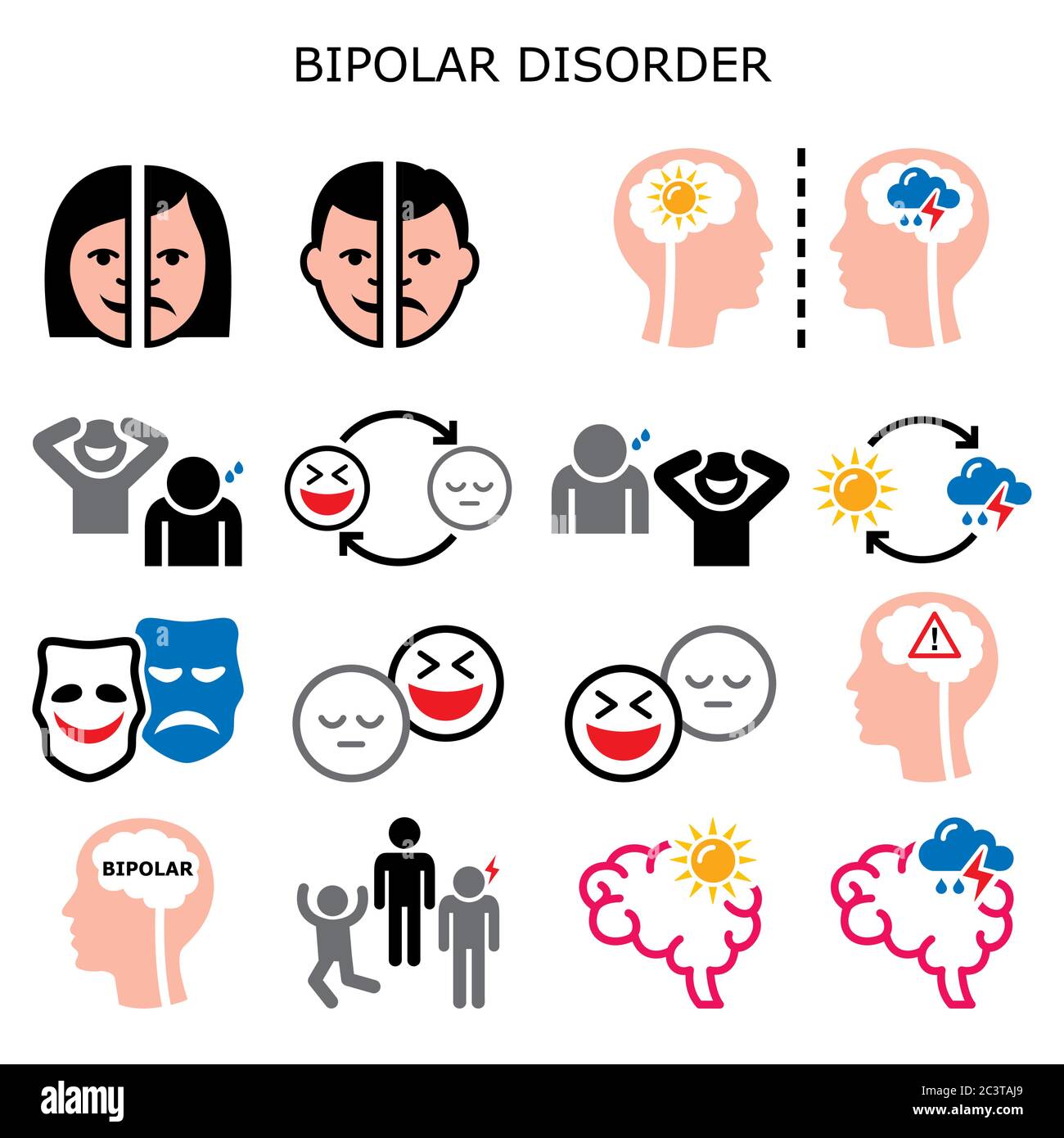 Bipolare Störung Vektor Farbe Icons - psychische Gesundheit Konzept, Menschen erleben extreme Glück und Traurigkeit Stock Vektor