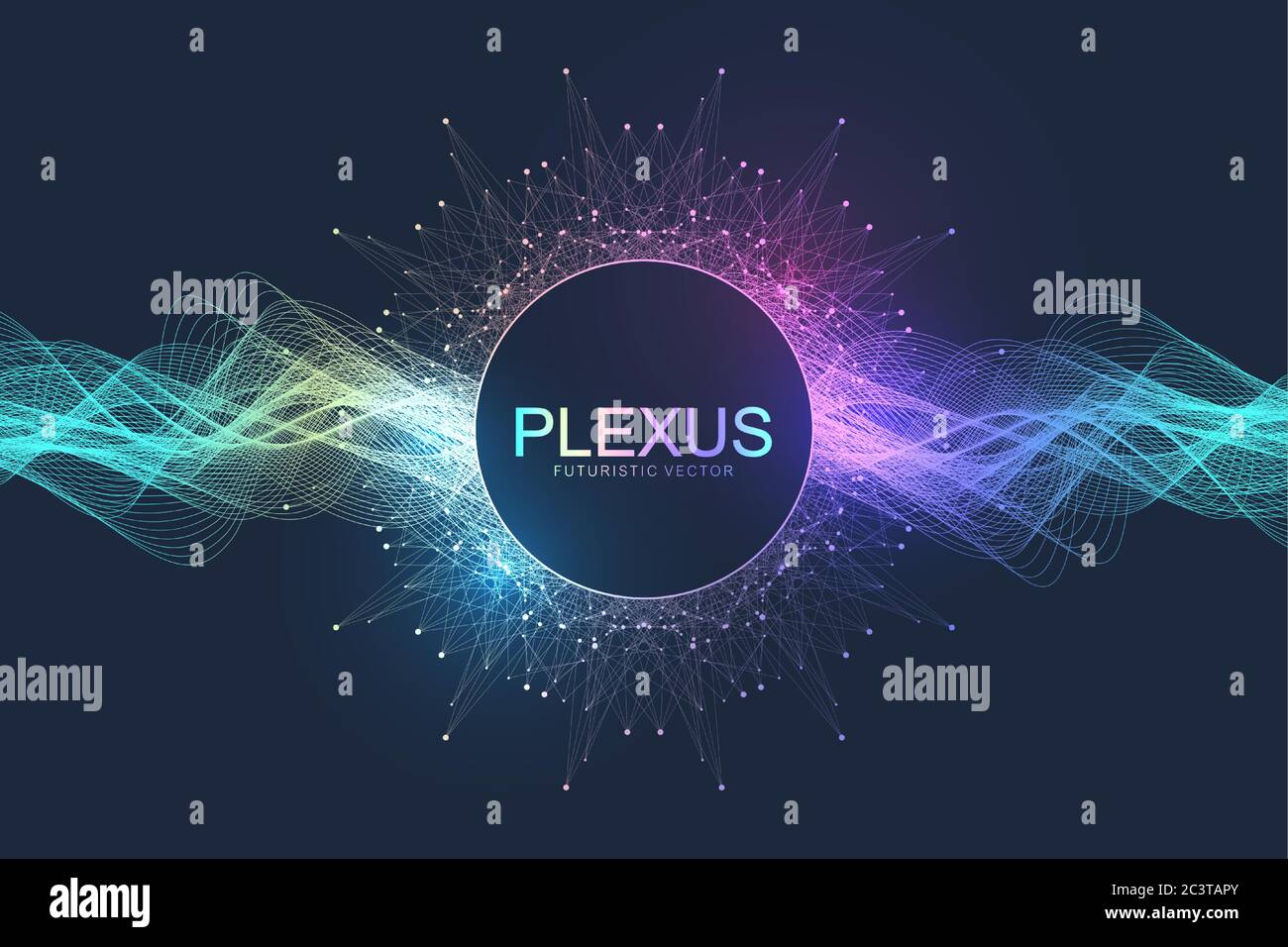 Abstrakter geometrischer Hintergrund mit dynamischen Partikeln, Wellenfluss. Big Data, Plexus Stream Hintergrund. Perspektivische Datenvisualisierung mit Fraktal Stock Vektor