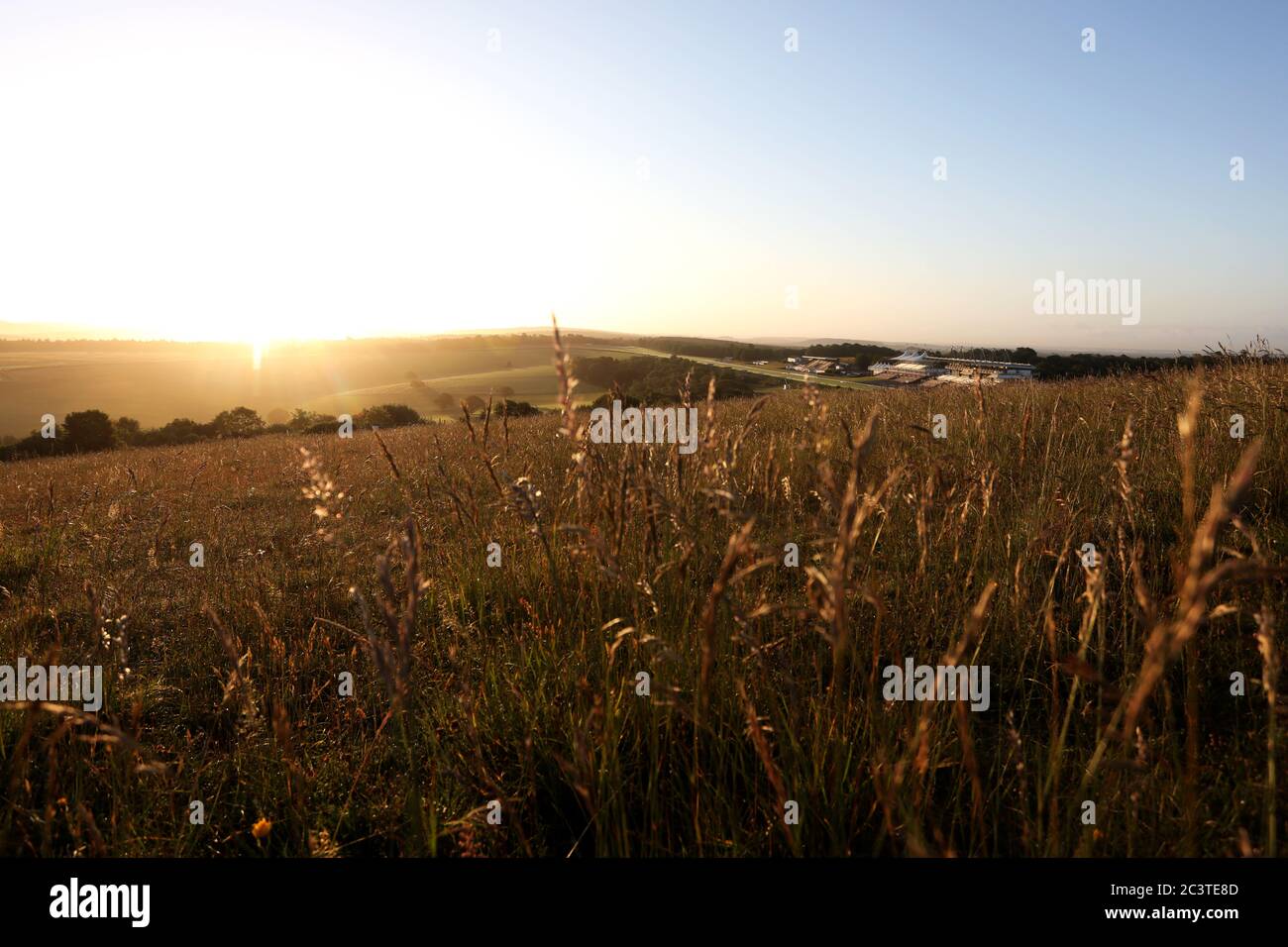 Sonnenaufgang im Trundle in Chichester, West Sussex, UK, Teil des Goodwood Estate und im South Downs National Park. Stockfoto