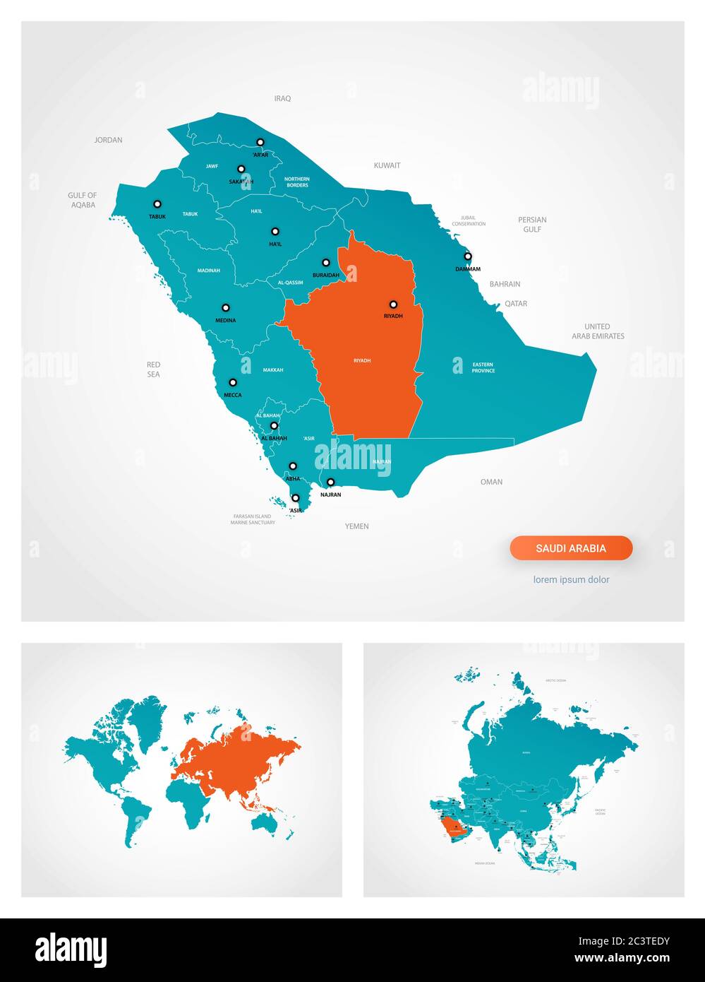 Editierbare Vorlage der Karte von Saudi-Arabien mit Marken. Saudi-Arabien auf der Weltkarte und auf der Asien-Karte. Stock Vektor