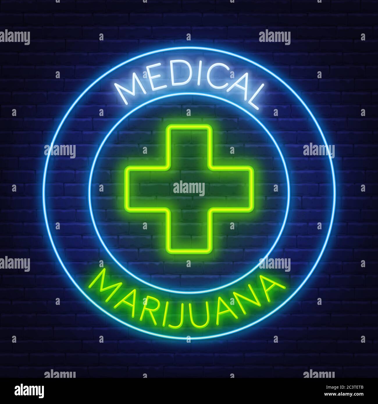 Medizinisches Marihuana Neon-Schild auf dem Backsteinwand Hintergrund. Stock Vektor