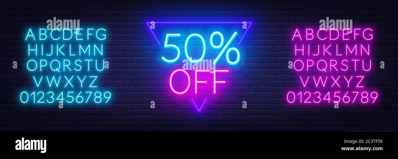Neon Angebot Vorlage für Rabatt auf Verkauf. . Neonblau und rosa Alphabete mit Zahlen. Stock Vektor
