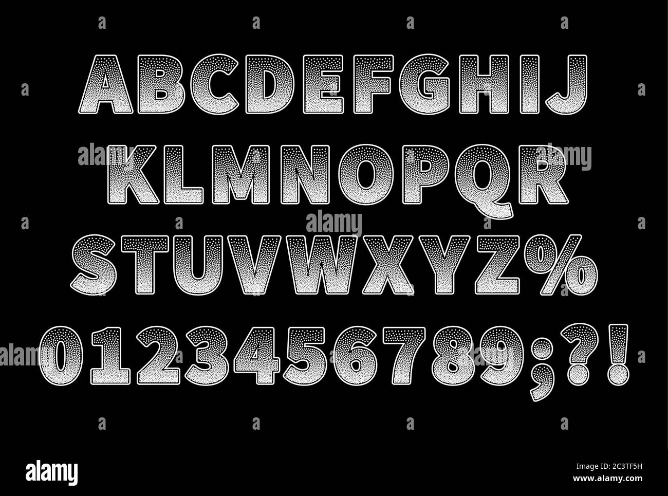 Vintage gepunktete Sans Serif Schrift auf schwarzem Hintergrund. Großbuchstaben mit Zahlen. Stock Vektor