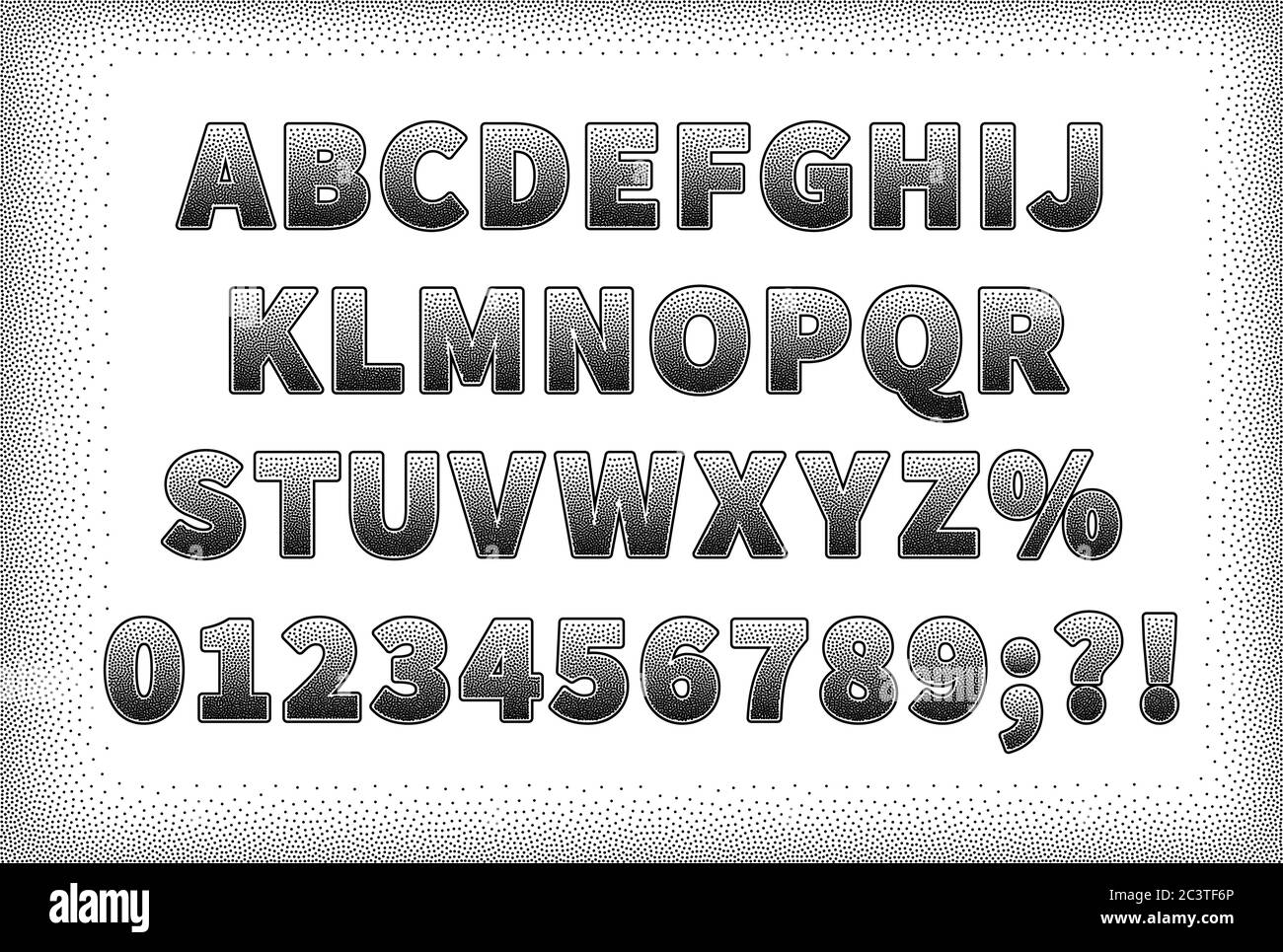 Vintage gepunktete Sans-Serif-Schrift. Großbuchstaben mit Zahlen. Stock Vektor