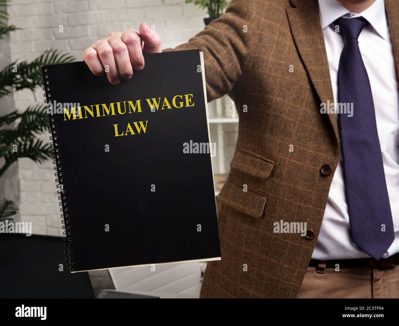 Ein Mann in einem Anzug zeigt ein Buch Mindestlohn Gesetz. Stockfoto