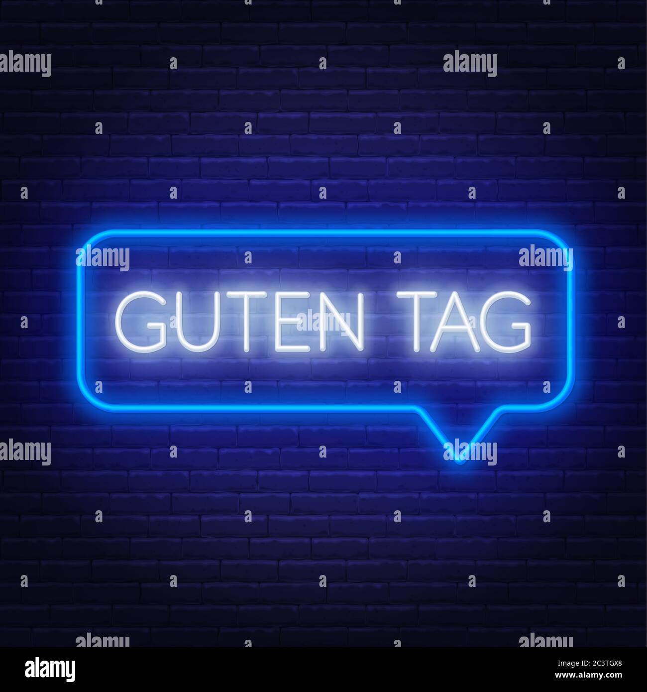 Neon-Zeichen des Wortes Guten Tag in Rede Blase Rahmen auf dunklem Hintergrund. Grüße in deutscher Sprache. Stock Vektor