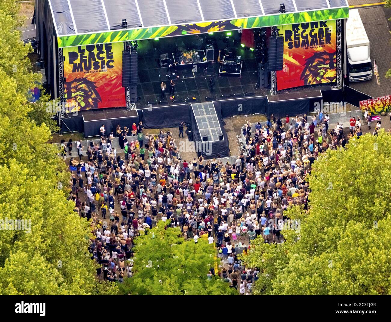 festival ruhr-Reggae-Sommer, Bühne, 21.07.2019, Luftbild, Deutschland, Nordrhein-Westfalen, Ruhrgebiet, Mülheim/Ruhr Stockfoto
