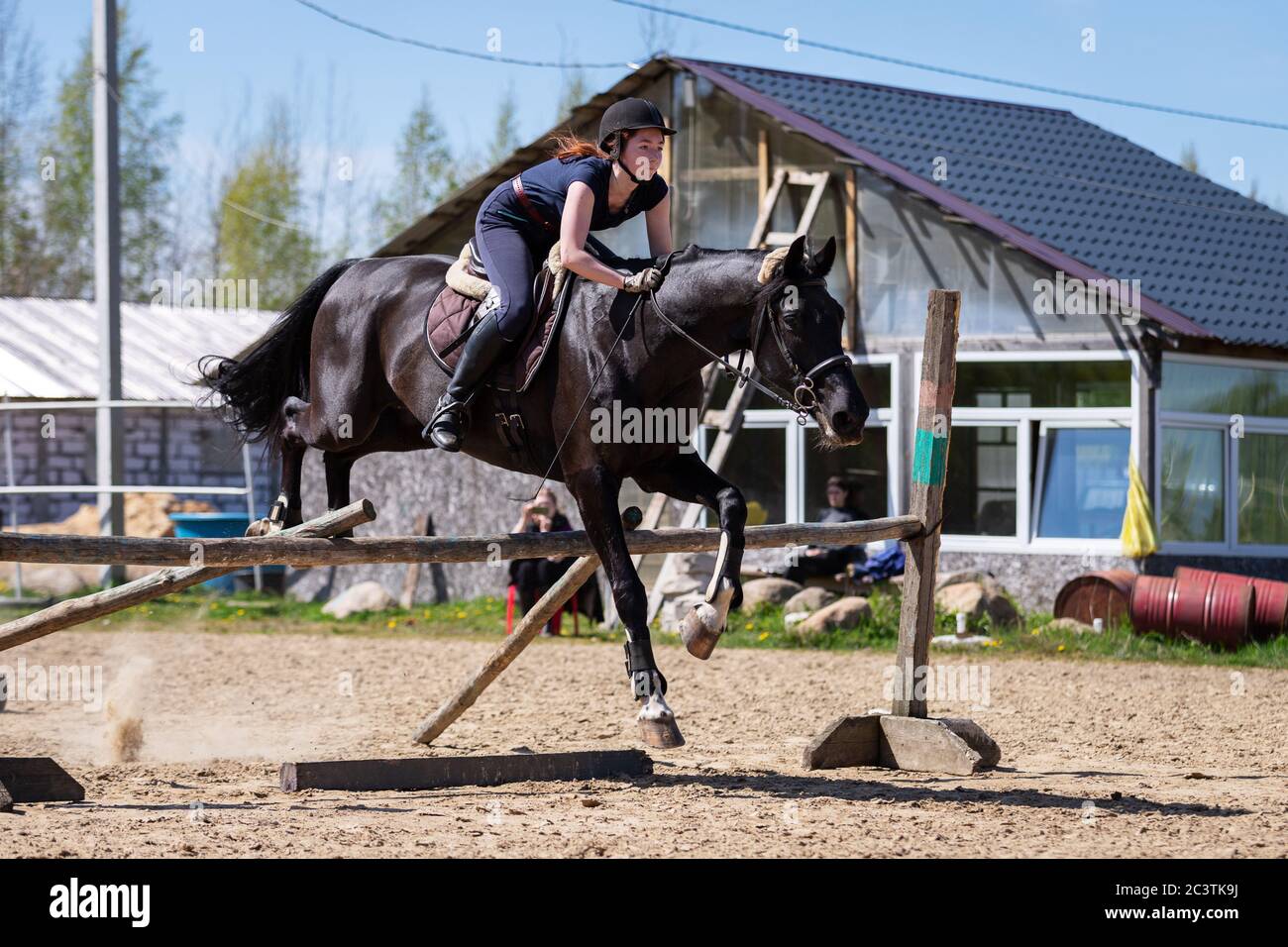 Schönes Mädchen Reiten ein Pferd auf Manege im Sommer Stockfoto