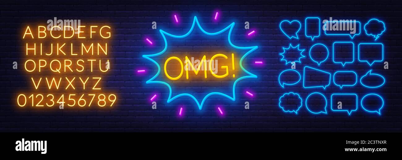 Neon-Schild omg im Rahmen auf dunklem Hintergrund. Set von Neon Sprechblasen und das Alphabet auf einem dunklen Hintergrund. Stock Vektor