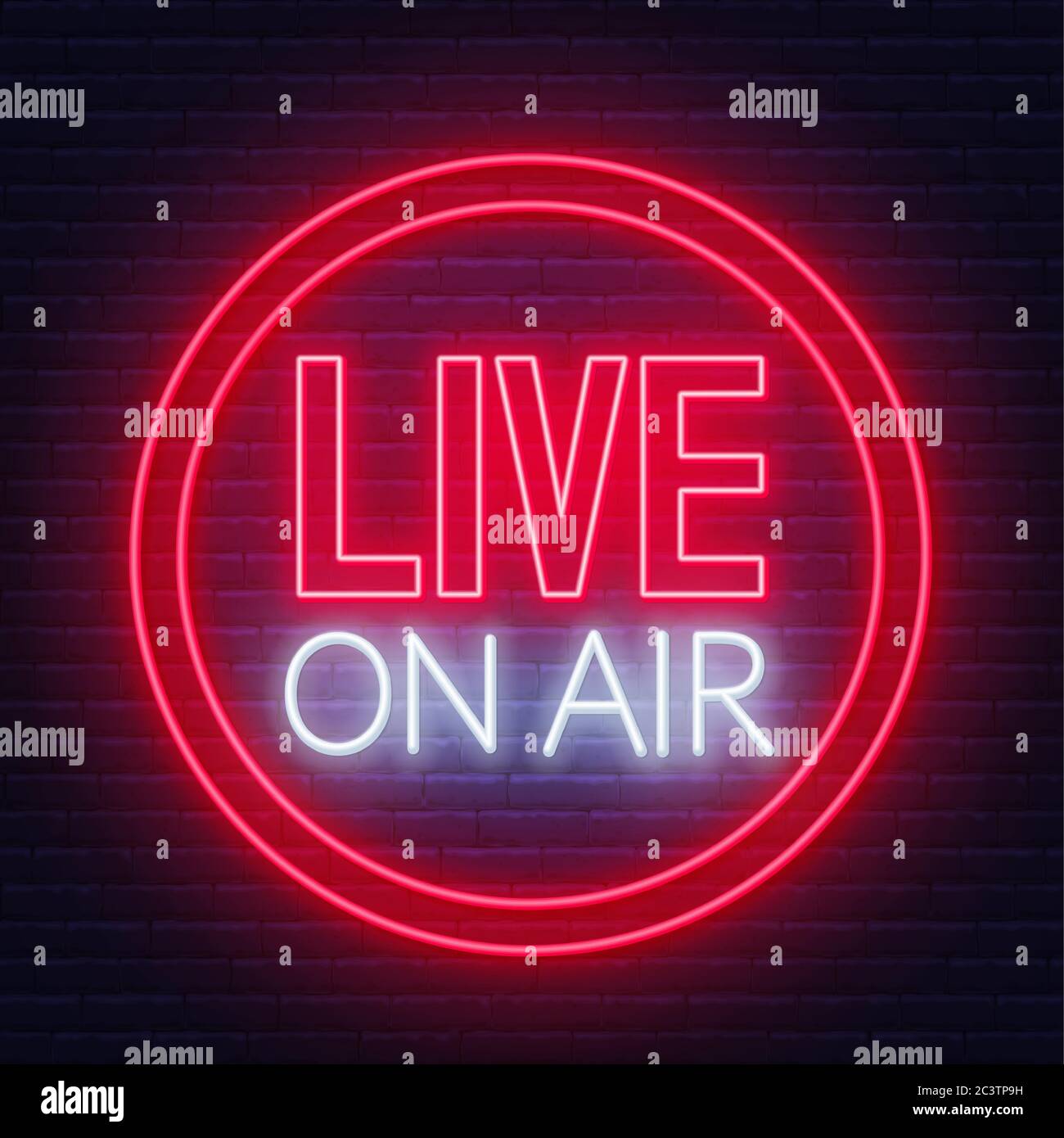 Live on air neon glühende Zeichen auf Backsteinmauer Hintergrund. Stock Vektor