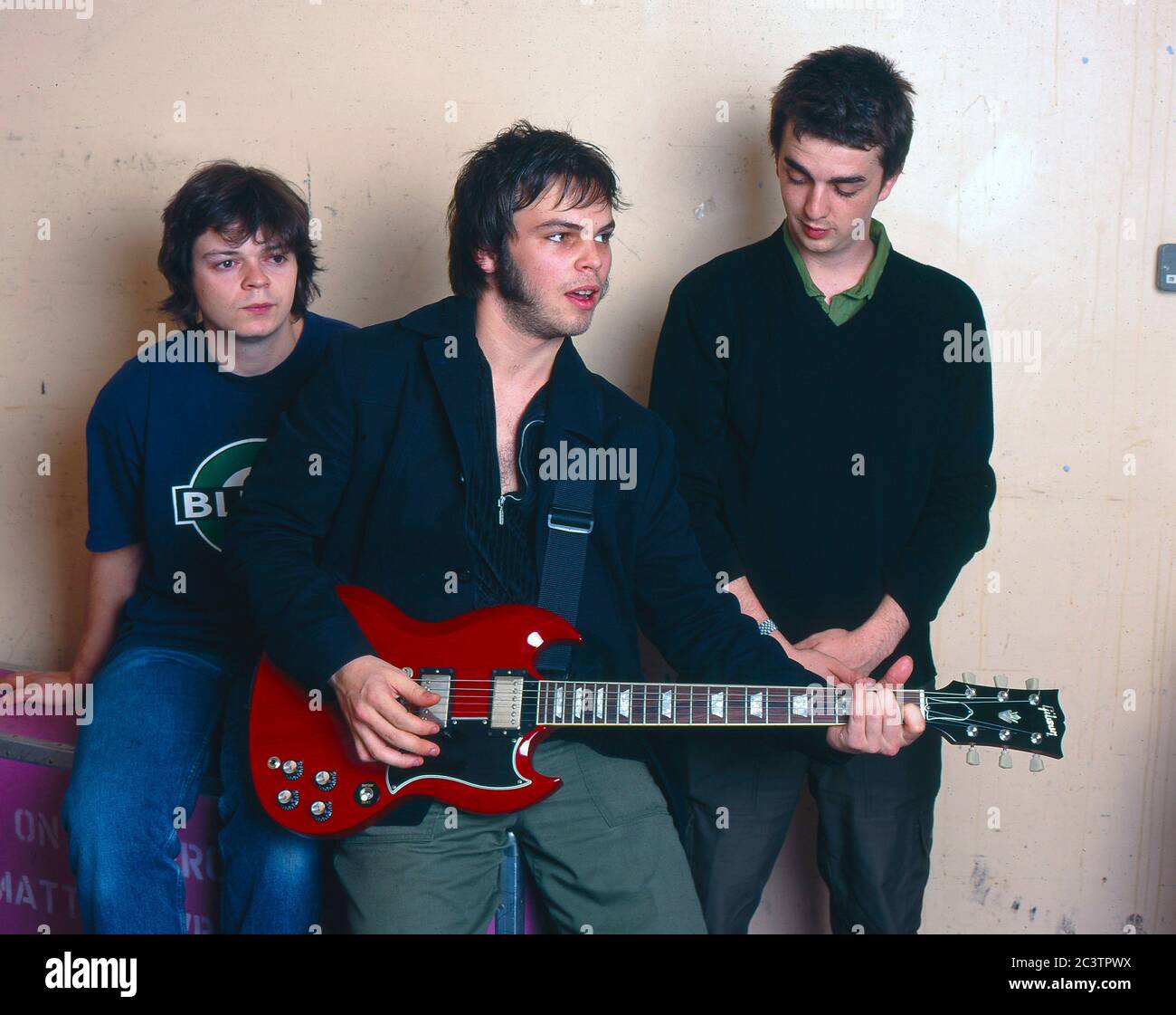 Britpop Rockgruppe Supergrass backstage im Astoria Theater, London 1988 Stockfoto