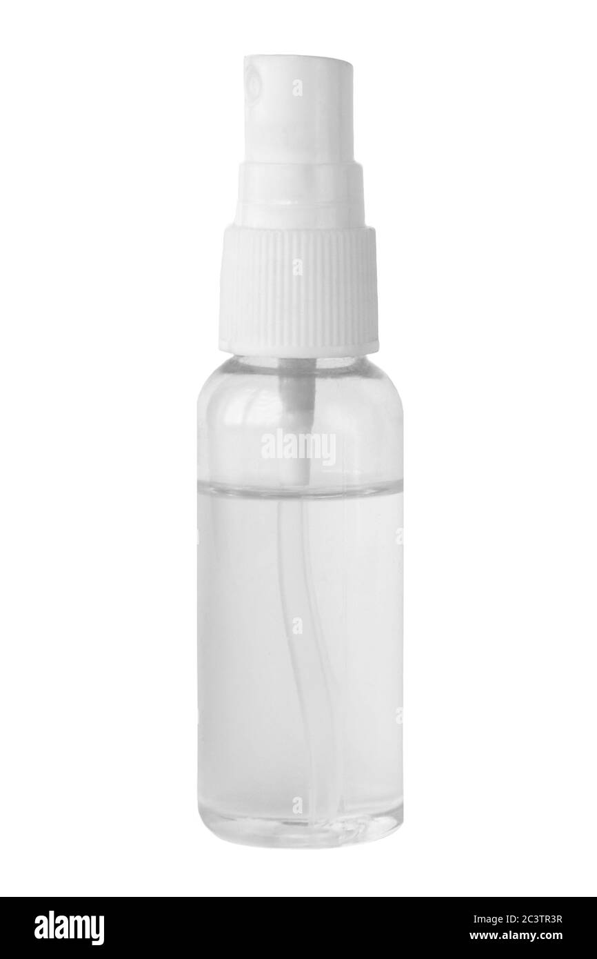 Desinfektionsmittel antiseptisches Spray isoliert auf weißem Hintergrund mit Kopierplatz. Flasche Gel Layout, Draufsicht, flach legen. Coronavirus covid-19 Prävention. Stockfoto