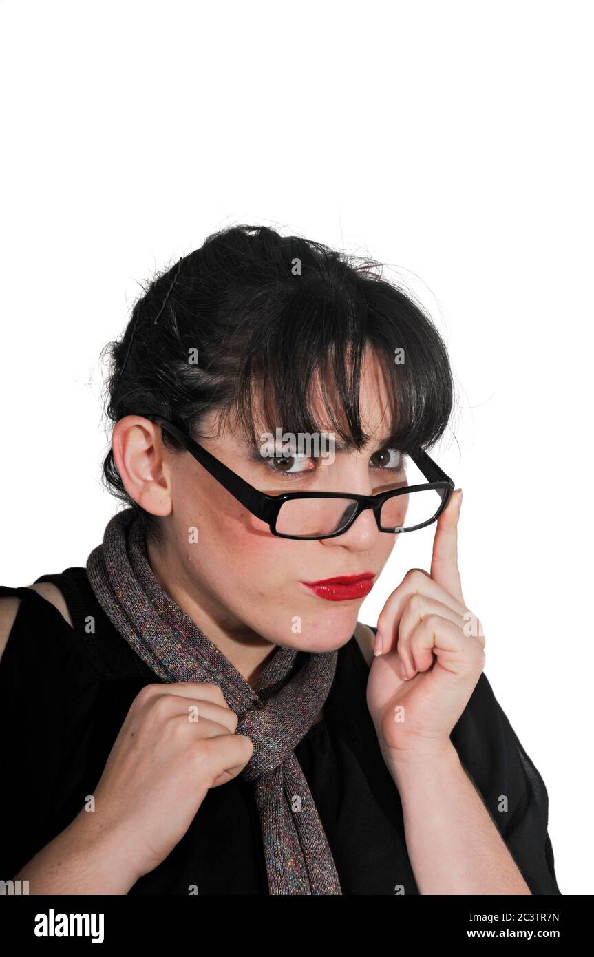 Porträt einer nerdy Frau Lehrer oder Bibliothekar Stereotyp Stockfoto