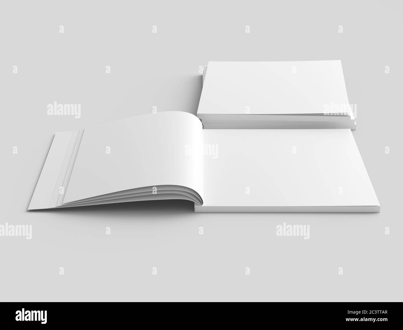 Magazin mit Klebebindung öffnen. Stapel von Katalogen. Vertikales A4-Format. 3d-Illustration. Stockfoto