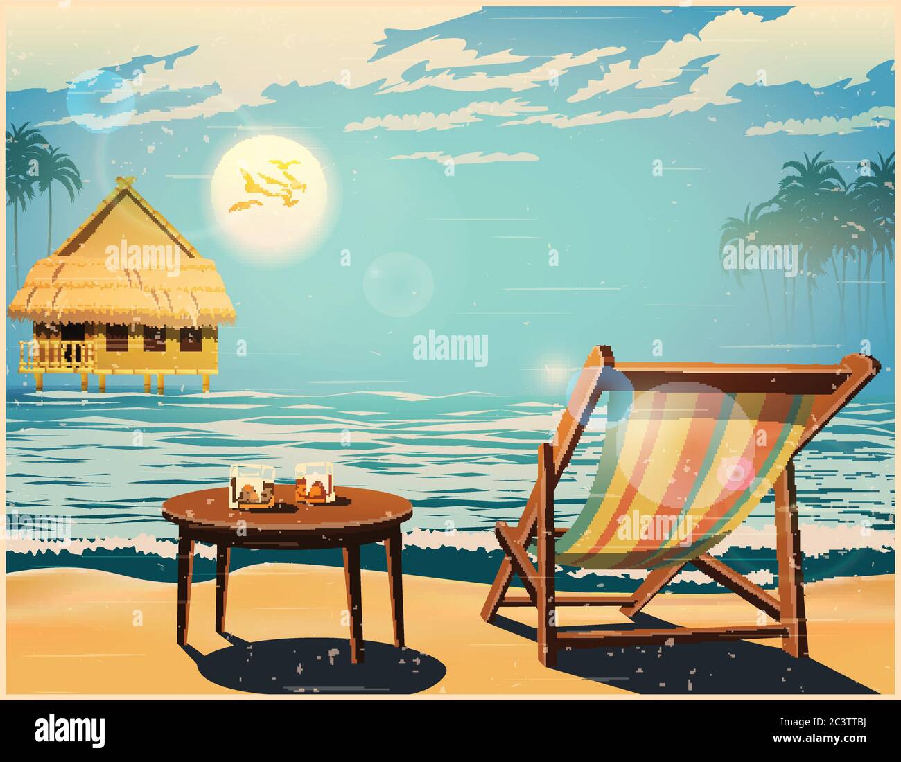 Chaiselongue, Bungalow, Tisch und zwei Gläser Whiskey am Meer gegen den Sonnenuntergang im Retro-Poster-Stil Stock Vektor