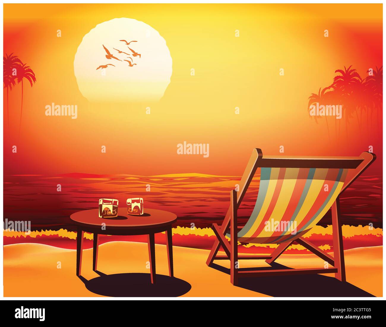 Chaiselongue, Tisch und zwei Gläser Whiskey am Meer gegen den Sonnenuntergang Stock Vektor
