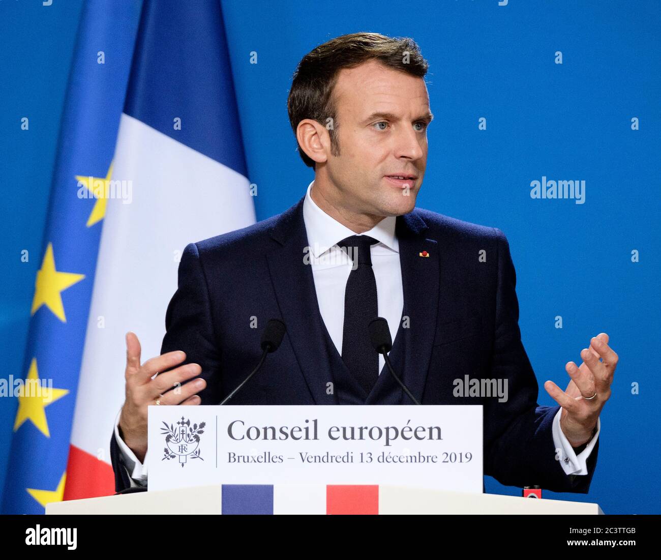 Belgien, Brüssel, 13. Dezember 2019: Präsident der Französischen Republik Emmanuel Macron bei einer Pressekonferenz im Rahmen des EU-Gipfels Stockfoto