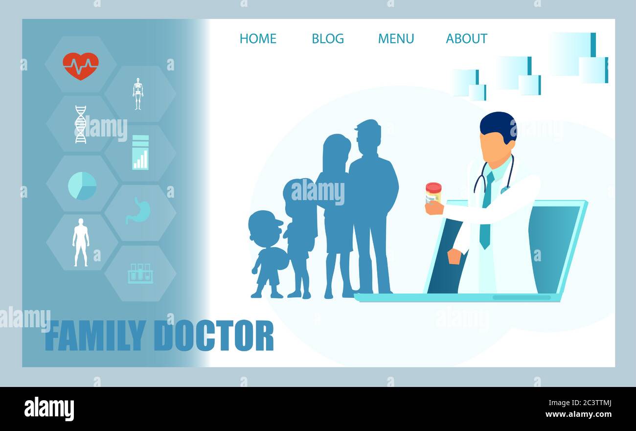 Online-medizinische Beratung oder Beratung Service-Konzept. Vektor eines Hausarztes und eines Paares mit Kindern im Gespräch mit einem Arzt über das Internet Stock Vektor