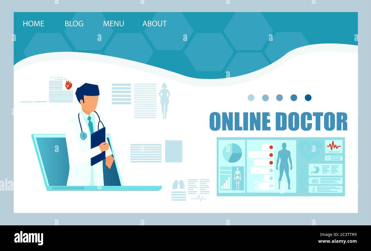 Online-Konzept für medizinische Dienstleistungen. Vektor eines medizinischen Facharztes, ein Arzt, der Patienten online über moderne mobile Technologie, Internet-Website Stock Vektor