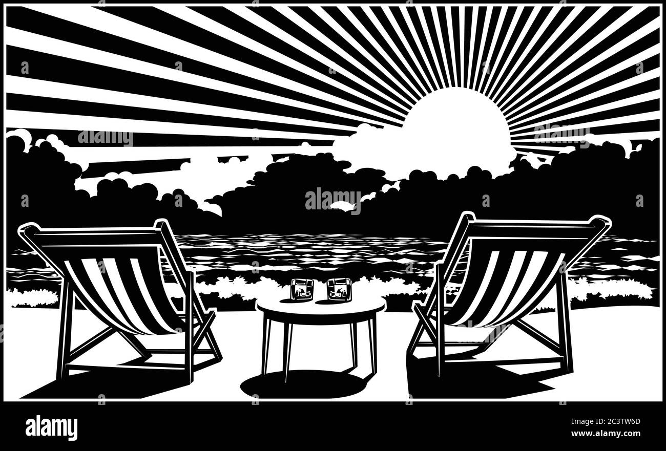Zwei Liegestühle am Strand, Whiskey und die untergehende Sonne über dem Meer Stock Vektor