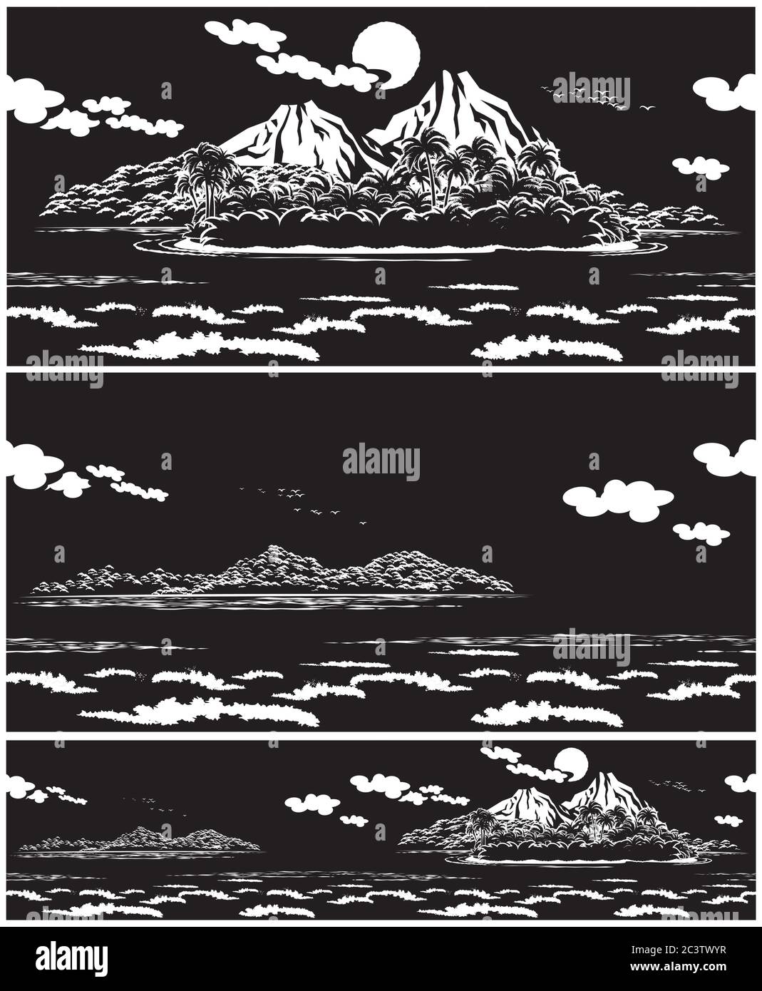 Zwei nahtlose horizontale Vektordarstellung einer offenen Meereslandschaft und tropischen Inseln Stock Vektor