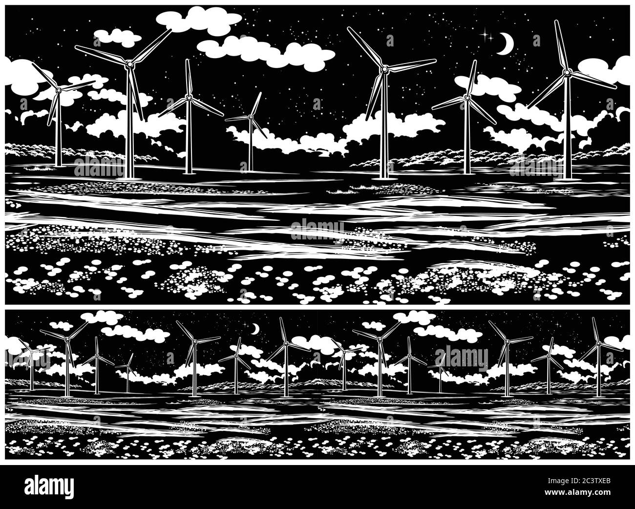 Illustration eines malerischen Feldes mit Windgeneratoren bei Nacht. Bei Bedarf nahtlos horizontal Stock Vektor