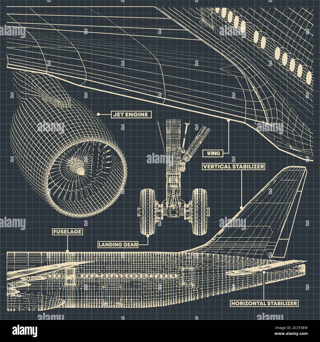 Vektordarstellung eines Zeichnungsfragments eines zivilen Jets im Retro-Stil Stock Vektor