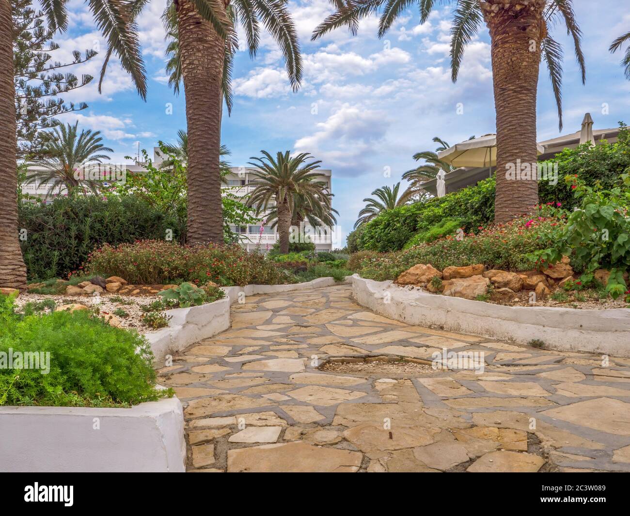 Pfad gepflastert mit felsigen Fliesen führt vom Mittelmeer und Nissi Strand zu weißen Gebäude eines Hotels. Palmen, Geen Büsche und rote Blumen. Stockfoto