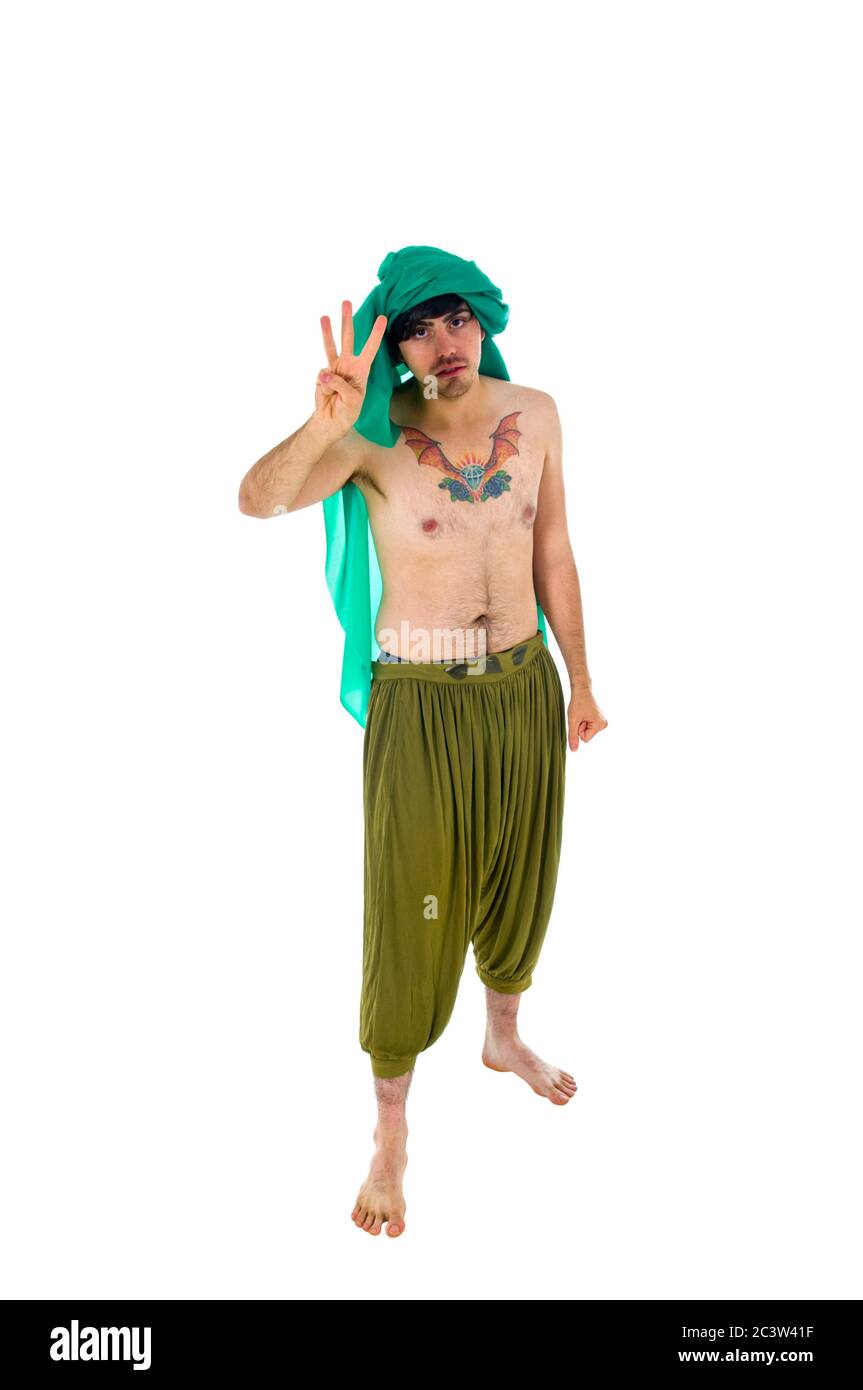 Genie bietet drei Wünsche auf weißem Hintergrund Stockfoto