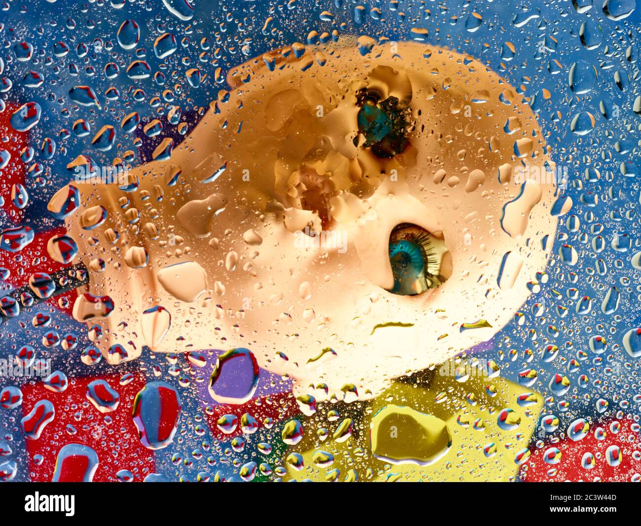 Abgetrennte Puppen Kopf ertrinken unter bunten Wassertropfen Stockfoto