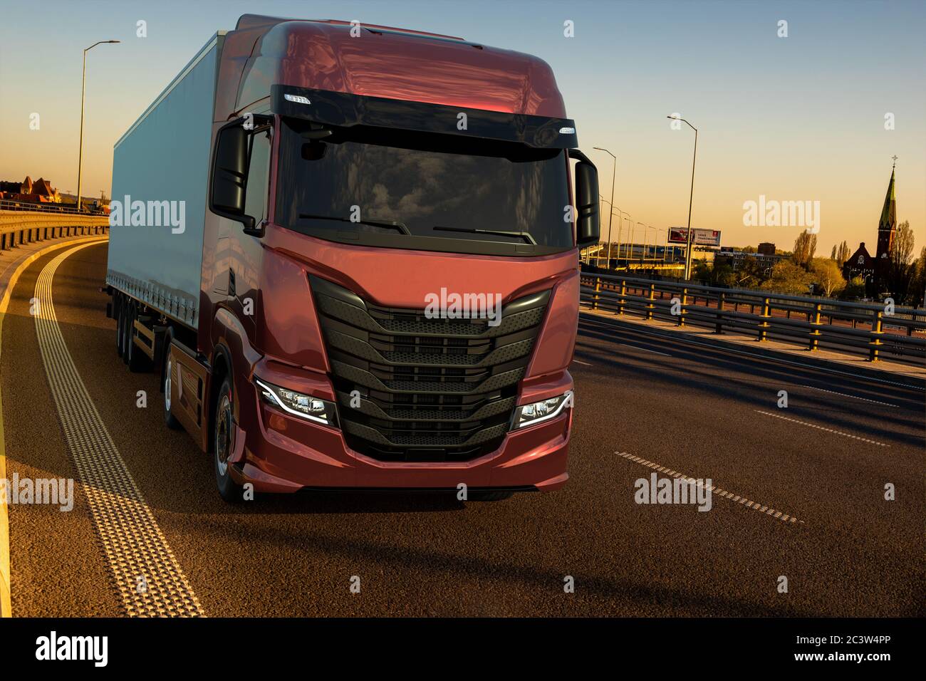 Moderner LKW auf der Einfahrtsstraße in die Stadt Stockfoto