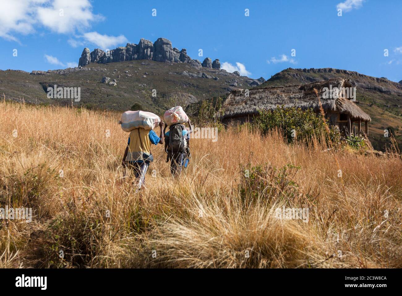 Afrikanische Männer cary schwere Taschen Stockfoto