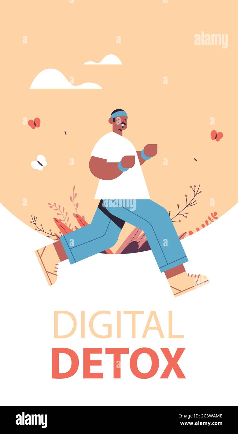 afroamerikanischer Mann Running guy Zeit ohne Gadgets digitale Entgiftung gesunde Lebensweise Konzept Abandoning Internet und soziale Netzwerke volle Länge vertikale Vektor Illustration Stock Vektor