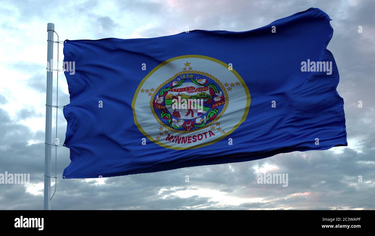 Flagge von Minnesota winkt im Wind gegen tief schönen Wolken Himmel. 3d-Rendering Stockfoto