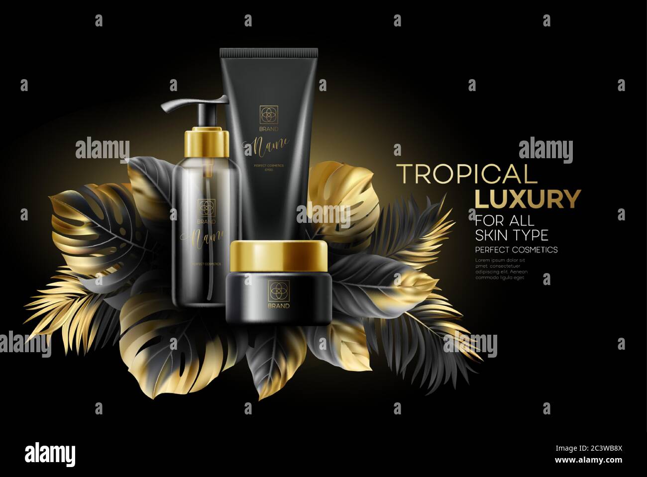 Design Kosmetik-Produkt Werbung mit schwarz-goldenen tropischen Blättern auf schwarzem Hintergrund. Vektorgrafik Stock Vektor