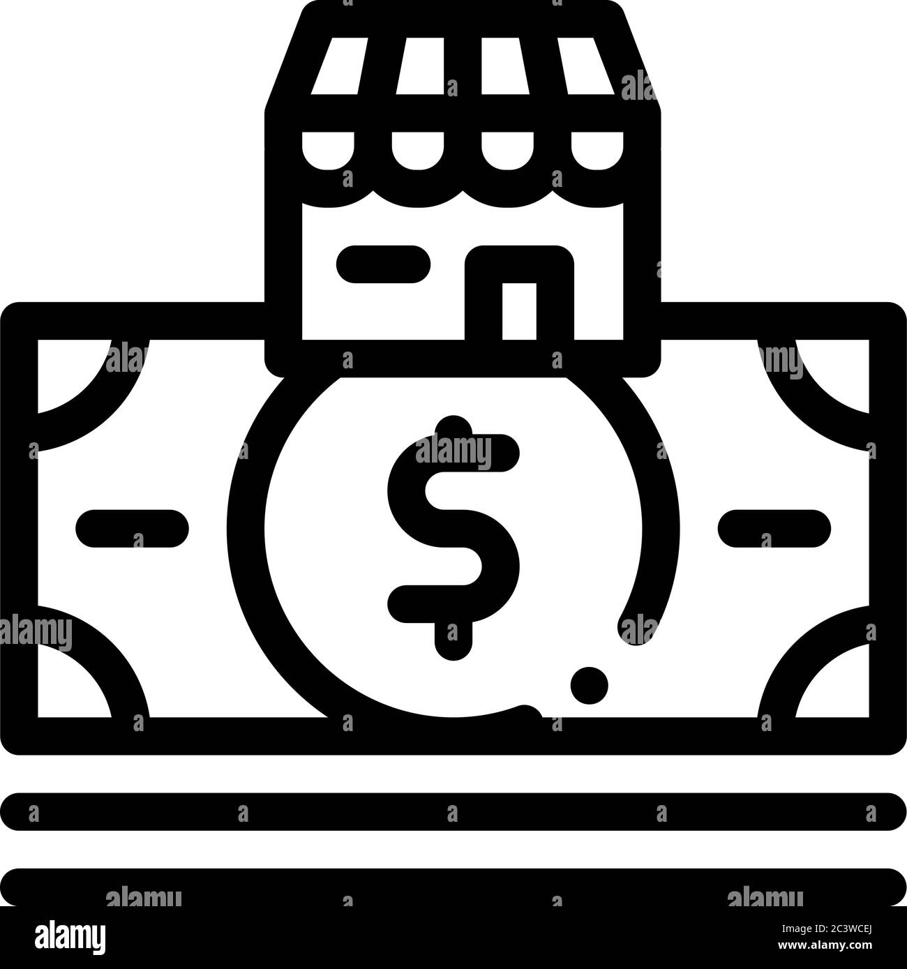 Shop Gebäude und Dollar Banknote Symbol Vektor Umriss Illustration Stock Vektor