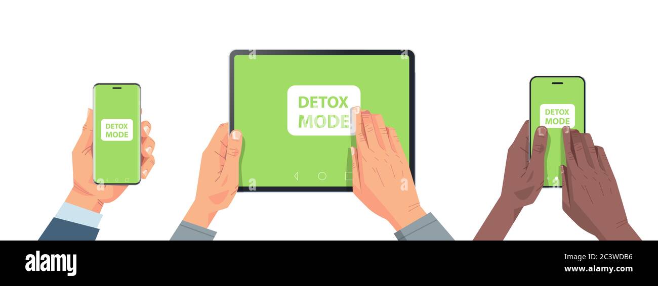 Menschliche Hände halten digitale Geräte mit Detox-Modus auf dem Bildschirm Verlassen Internet und soziale Netzwerke horizontale Vektor-Illustration Stock Vektor