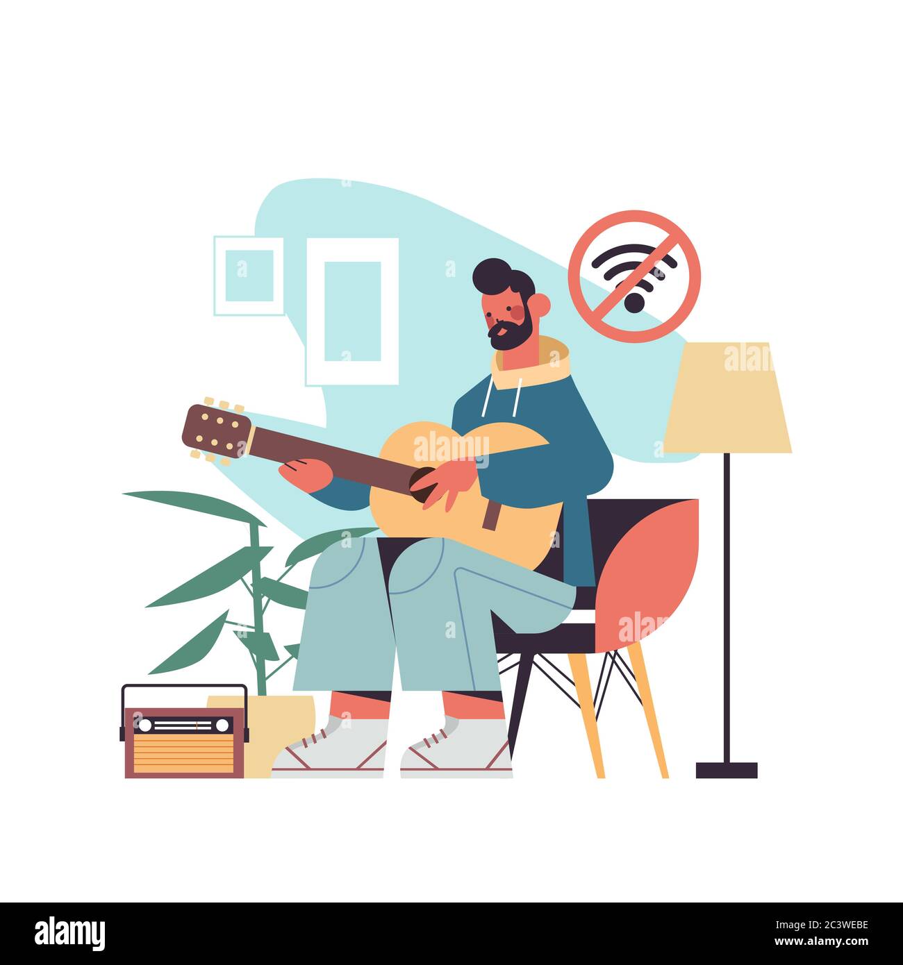 Mann spielen Gitarre digitale Detox offline Aktivitäten Konzept Kerl Zeit, ohne Gadgets aufgeben Internet soziale Netzwerke volle Länge Vektor Illustration Stock Vektor