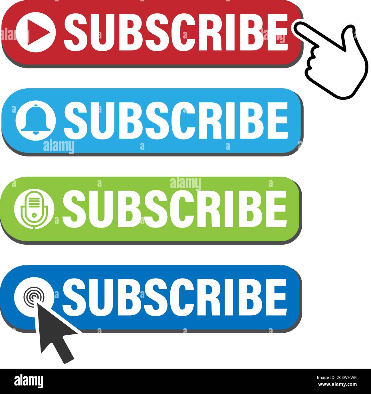 Subscribe-Taste Icon Set für soziale Medien, Podcast, Video-Kanal, Blog, Newsletter mit Mauszeiger und Hand Symbol Vektor Illustration Stock Vektor