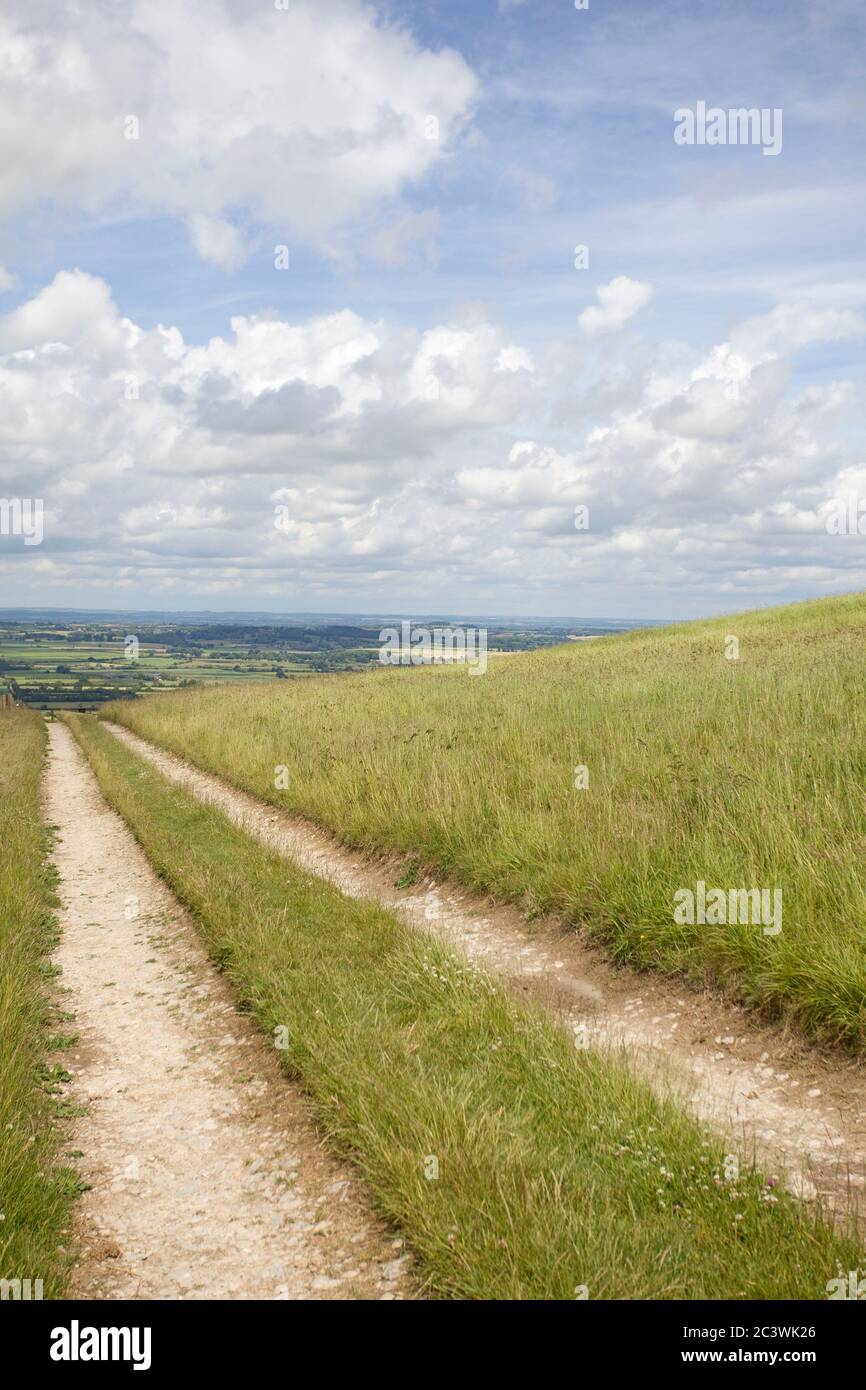 Pfad, der bergab führt, White Horse Hill, Uffington, Oxfordshire Stockfoto