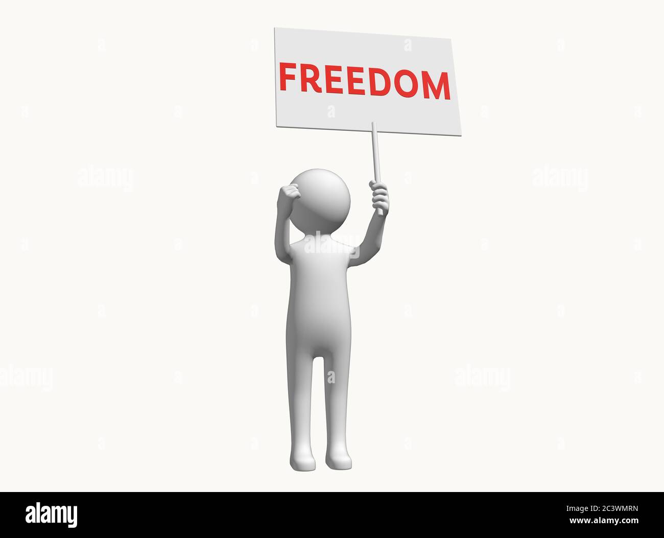 Anonymer 3D-Charakter mit Zeichen protestierend für die Freiheit Stockfoto